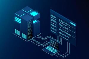 Concept of big data processing center. Isometric Data center. Isometric servers vector design. Data center. Hosting server or data center room concept. vector illustration