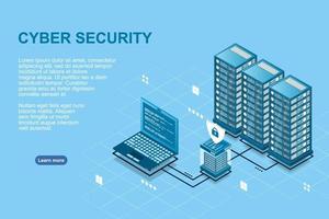 Ilustración de vector isométrico de seguridad cibernética de red. concepto de sistema de protección de servidor en línea con centro de datos. ilustración vectorial