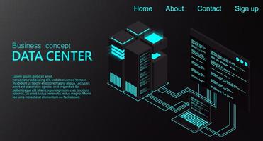 Isometric Data center. 3d isometric concept big data center with server. Creative vector illustration of server rack room. High technology vector illustration.