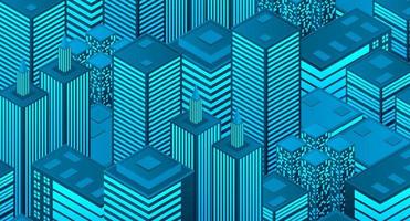 Isometric futuristic city vector illustration. Isometric urban megalopolis top view of the city and architecture 3d elements different buildings