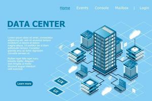 Concept of data network management . Vector isometric map with business networking servers computers and devices. Cloud storage data and synchronization of devices. Vector illustration