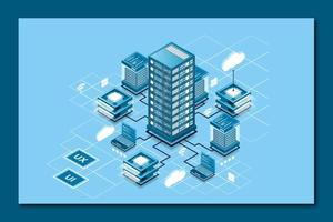 Concept of data network management . Vector isometric map with business networking servers computers and devices. Cloud storage data and synchronization of devices. Vector illustration