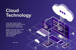 Vector 3d isometric illustration network with computer, laptop, tablet, and smartphone. Cloud storage 3d isometric technology concept. Isometric cloud technology with cloud. Modern cloud technologies.