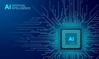 Artificial intelligence web banner. 3D isometric illustration of a processor chip. The process of data processing. Developments in modern technologies. Microcircuits on neon glowing background vector