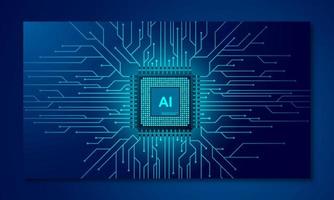 Artificial intelligence web banner. 3D isometric illustration of a processor chip. The process of data processing. Developments in modern technologies. Microcircuits on neon glowing background vector