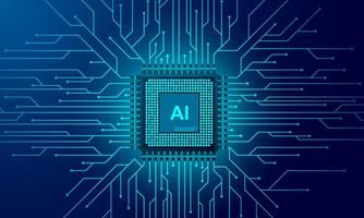 Artificial intelligence web banner. 3D isometric illustration of a processor chip. The process of data processing. Developments in modern technologies. Microcircuits on neon glowing background vector