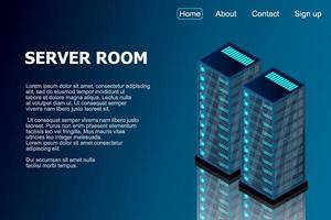 Isometric server room. Futuristic technology of data protection and processing. Mainframe, powered server, high technology concept, data center. Vector illustration