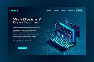 Web design and development vector isometric illustrations. web design development concept programming language program code big data processing on laptop screen. Vector illustration