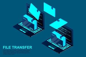 vector de transferencia de archivos de computadora isométrica. dos computadoras portátiles con carpetas envían y cargan documentos. ilustración vectorial.