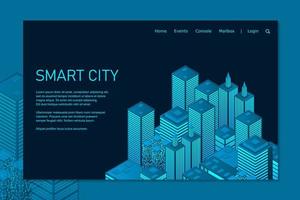 Smart city in a futuristic style. Isometric smart city illustration. Intelligent buildings. Business center with skyscrapers and intelligent buildings vector