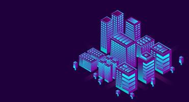 Smart city in a futuristic style. Isometric smart city illustration. Intelligent buildings. Business center with skyscrapers and intelligent buildings vector