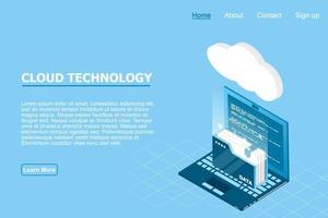 Isometric cloud technology with folder data and laptop. Cloud technology computing concept. Vector illustration