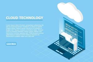 Isometric cloud technology with folder data and laptop. Cloud technology computing concept. Vector illustration