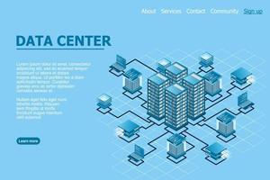 Concept of data network management . Vector isometric map with business networking servers computers and devices. Cloud storage data and synchronization of devices. Vector illustration