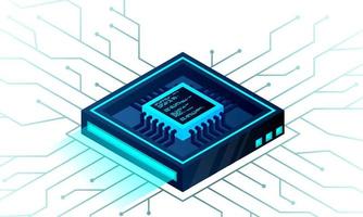 Isometric Artificial intelligence web banner. 3D isometric illustration of a processor chip. The process of data processing. Developments in modern technologies. Microcircuits on neon vector