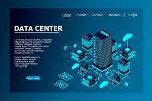 Concept of data network management . Vector isometric map with business networking servers computers and devices. Cloud storage data and synchronization of devices. Vector illustration