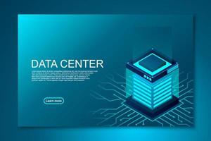 página de inicio del centro de datos isométrico. Diseño vectorial de servidores isométricos. concepto de soluciones de alojamiento empresarial. gran centro de datos moderno, sala de servidores, servicio de archivos de almacenamiento de datos en la nube vector