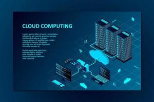 Ilustración de vector isométrico de concepto de computación en la nube. tecnología de nube isométrica con centro de datos. servidor, computadora de escritorio, computadora portátil, teléfono inteligente y carpeta conectados al servicio en la nube