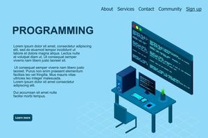 Programming or Software development web page template. Vector illustration with laptop isometric view and program code on screen. Programming concept. vector illustration