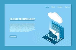 Isometric cloud technology with folder data and laptop. Cloud technology computing concept. Vector illustration