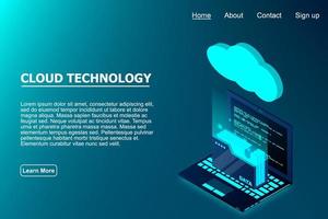 Isometric cloud technology with folder data and laptop. Cloud technology computing concept. Vector illustration