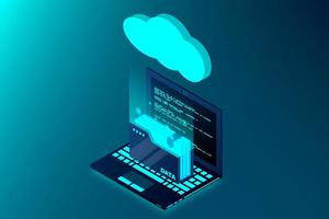 Isometric cloud technology with folder data and laptop. Cloud technology computing concept. Vector illustration