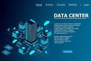 Concept of data network management . Vector isometric map with business networking servers computers and devices. Cloud storage data and synchronization of devices. Vector illustration