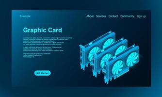 3d isometric video graphic card. Video Graphics Card for cryptocurrency mining or gaming. Personal computer hardware components. GPU Graphic card illustration vector