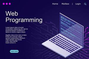 Web programming vector isometric illustrations. web programming concept programming language program code big data processing on laptop screen. Vector illustration