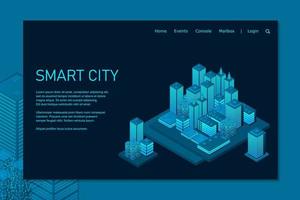 ciudad inteligente en un estilo futurista. Ilustración isométrica de la ciudad inteligente. edificios inteligentes. centro de negocios con rascacielos y edificios inteligentes vector