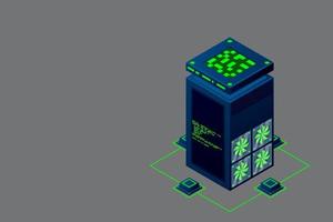 Data center with server racks isometric. Internet network equipment, smart technology, cloud database sign, computer technology vector illustration.