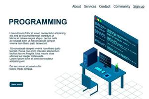 Programming or Software development web page template. Vector illustration with laptop isometric view and program code on screen. Programming concept. vector illustration