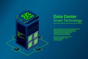 Data center with server racks isometric. Internet network equipment, smart technology, cloud database sign, computer technology vector illustration.