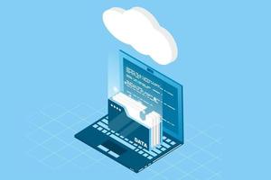 Isometric cloud technology with folder data and laptop. Cloud technology computing concept. Vector illustration