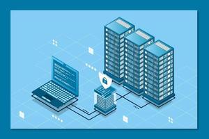 Ilustración de vector isométrico de seguridad cibernética de red. concepto de sistema de protección de servidor en línea con centro de datos. ilustración vectorial