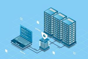 Network cyber security isometric vector illustration. Online server protection system concept with data center. Vector illustration