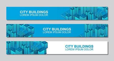 Template of isometric city buildings banner design with space for text. Modern third banner template design. Colorful thirds set template vector. Vector illustration