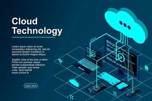 Vector 3d isometric illustration network with computer, laptop, tablet, and smartphone. Cloud storage 3d isometric technology concept. Isometric cloud technology with cloud. Modern cloud technologies.