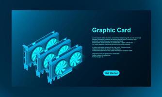 Tarjeta gráfica video isométrica 3d. Tarjeta gráfica de video para minería o juegos de criptomonedas. componentes de hardware de computadora personal. ilustración de tarjeta gráfica gpu vector