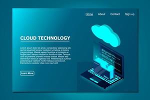 Isometric cloud technology with folder data and laptop. Cloud technology computing concept. Vector illustration