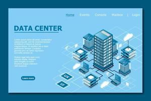 Concept of data network management . Vector isometric map with business networking servers computers and devices. Cloud storage data and synchronization of devices. Vector illustration