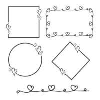 Hand drawn doodle set frame with hearts. Simple elements isolated on white background. Vector illustration