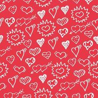 Hand drawn doodle white outline hearts seamless pattern on red background. Vector illustration