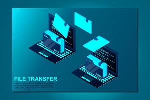 vector de transferencia de archivos de computadora isométrica. dos computadoras portátiles con carpetas envían y cargan documentos. ilustración vectorial.