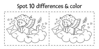 San Valentín juego de encontrar diferencias para niños. actividad educativa en blanco y negro de vacaciones y página para colorear con cupido divertido acostado en la nube. hoja de trabajo imprimible con lindo personaje. vector