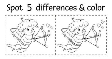 San Valentín juego de encontrar diferencias para niños. actividad educativa en blanco y negro de vacaciones y página para colorear con cupido divertido con arco y flecha. hoja de trabajo imprimible con lindo personaje. vector