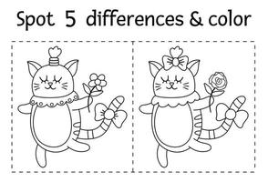 Saint Valentine day find differences game for children. Holiday black and white educational activity and coloring page with funny cat with flower. Printable worksheet with cute animal. vector