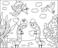 Vector Saint Valentine day black and white background with cute insects. Funny scene with two enamored caterpillars in the garden. Line illustration or coloring page for kids with love concept.