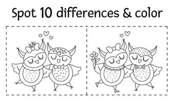 Saint Valentine day find differences game for children. Holiday black and white educational activity and coloring page with funny owl couple. Printable worksheet with cute birds pair. Family concept vector