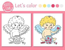 Saint Valentine Day coloring page for children. Funny cupid with jar with hearts. Vector holiday outline illustration with love angel. Color book with cute character for kids with colored example